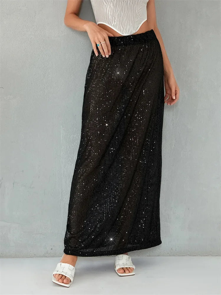 Aiertu  -  Women Sequin Midi Skirts Low Waist Straight Long Skirts Summer Party Club Beach Sexy Elegant Skirts See Through Bikini Cover-ups Aiertu