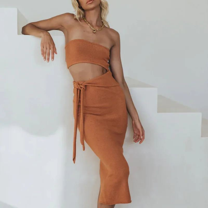 Aiertu  -  Y2K Women Wrap Hip Lace Up Knitwears Dress Fashion Knitted Strapless Dress Cut Out Bandage Bodycon Midi Slit Tube Top Dresses Aiertu