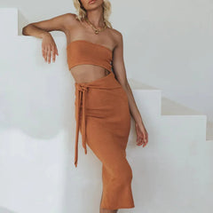 Aiertu  -  Y2K Women Wrap Hip Lace Up Knitwears Dress Fashion Knitted Strapless Dress Cut Out Bandage Bodycon Midi Slit Tube Top Dresses Aiertu