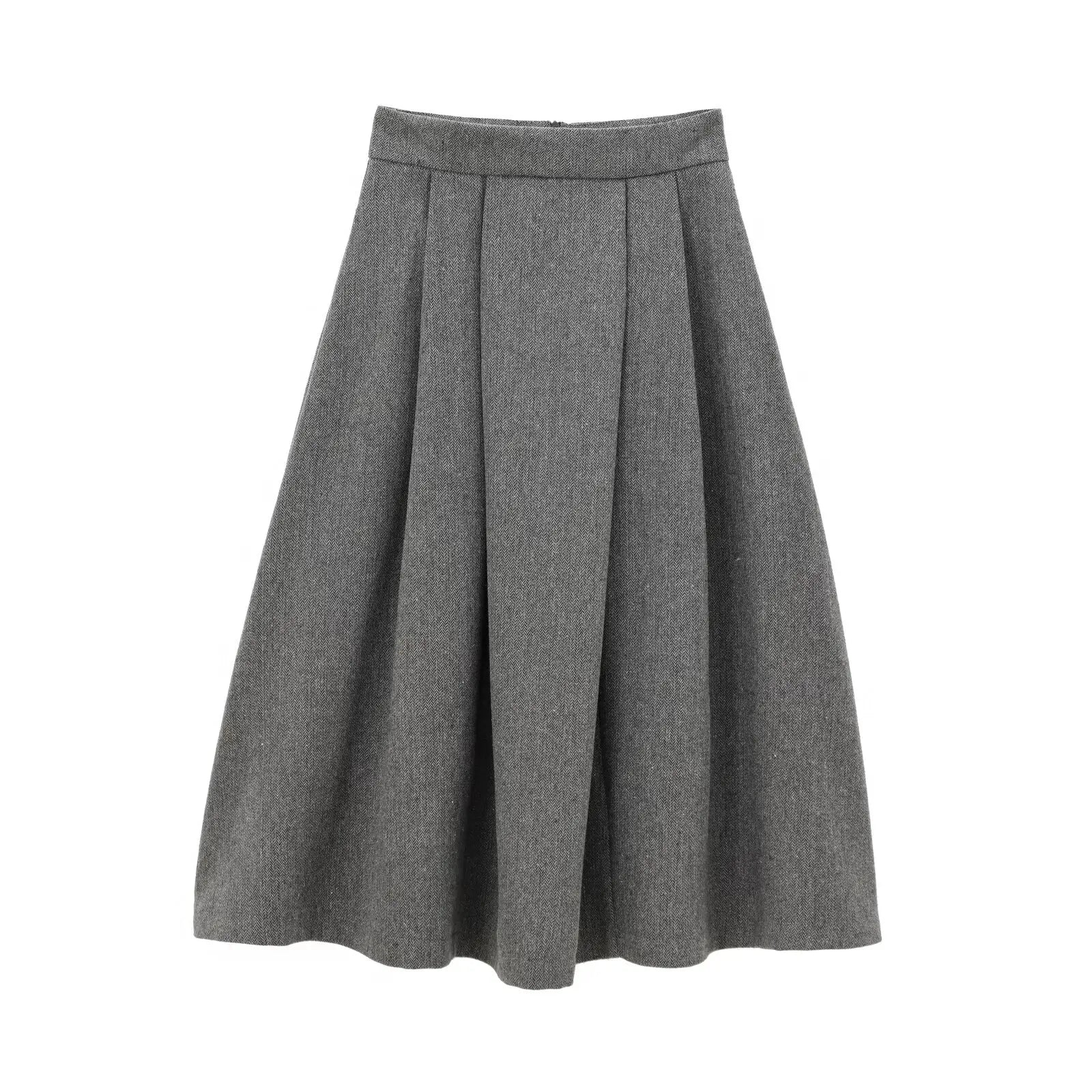 Aiertu  -  Office Lady Elegant Midi Skirt For Women Mid Waist Box Pleat A-line Autumn Winter Skirts Gray faldas mujer Aiertu