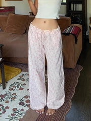 Aiertu  -  Cute Coquette Pink Floral Print Casual Pants y2k Aesthetic Lace-up Low Rise Loose Straight Pants Korean Fashion Trousers Aiertu