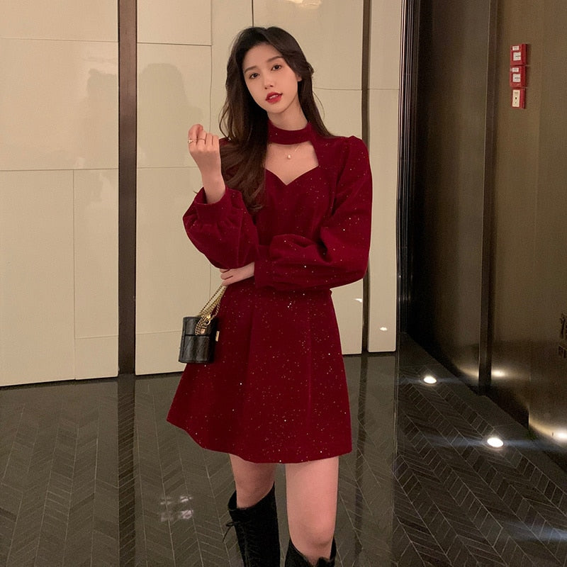 Aiertu Red Velvet Elegant Party Mini Dress Women Sequins Long Sleeve Wram Vintage Dress Ladies Casual Korean A-line Dress 2025  New Year Aiertu
