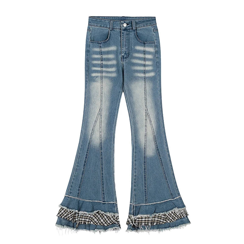 Aiertu  -  2000s Distressed Bootcut Cake Pants Women Vintage Patchwork Plaid Whiskers High Waist Flare Jeans Kawaii Bell Bottoms Aiertu