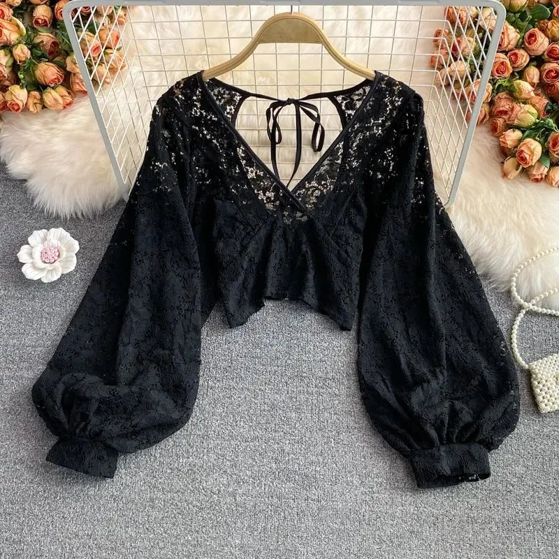 Spring Outfits Back To School Outfits Sexy Lace Hollow Out Blouse Women Summer V-Neck Puff Sleeve Backless Tops Casual Korean Slim Lace Up Solid White Crop Tops Aiertu