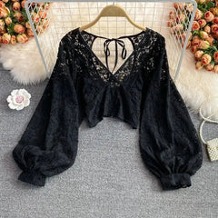Spring Outfits Back To School Outfits Sexy Lace Hollow Out Blouse Women Summer V-Neck Puff Sleeve Backless Tops Casual Korean Slim Lace Up Solid White Crop Tops Aiertu