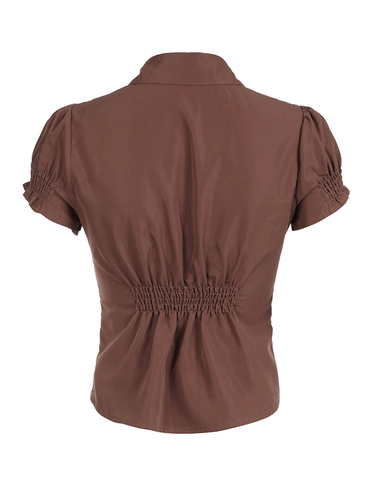 Aiertu - summer inspo American Retro Preppy Brown Shirts Women Button Up Turn Down Collar Puff Sleeve Shirring Pleated Hem Slim Casual Tops Aiertu