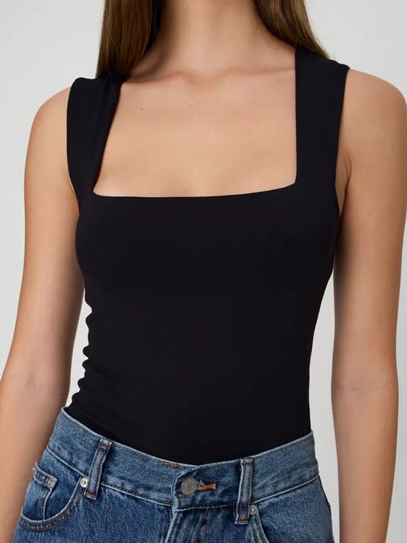 Aiertu - summer inspo Black Solid Basic Skinny Square Collar Sleeveless Bodysuit Women Aiertu