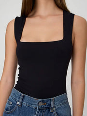 Aiertu - summer inspo Black Solid Basic Skinny Square Collar Sleeveless Bodysuit Women Aiertu