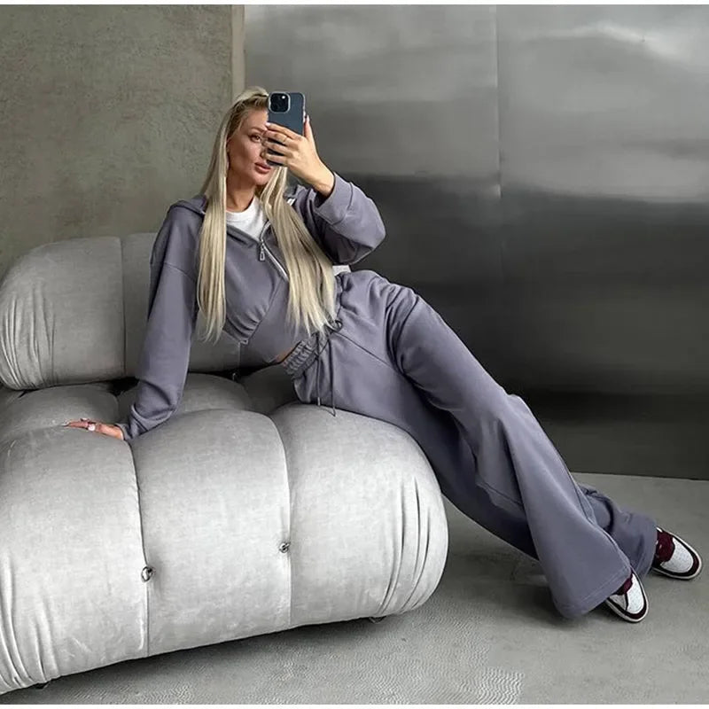 Aiertu  -  Casual Solid Hoodies Pants Set Women Long Sleeve Zipper Short Sweatshirt Loose Drawstring Trouser 2026 Autumn New Lady Tracksuit Aiertu