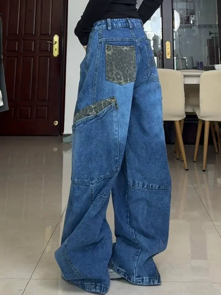 Aiertu  -  Streetwear Retro Large Size Leopard Print Splicing Loose Jeans Women's Men's Trendy Harajuku High Waisted Jeans Wide Leg Pants Aiertu
