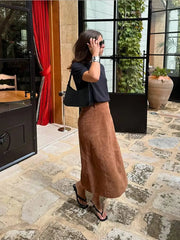 Aiertu  -  Vintage Brown Suede Leather Skirt For Women Fashion High Waist Slim A-line Skirts Autumn New Lady Office All-match Streetwear Aiertu