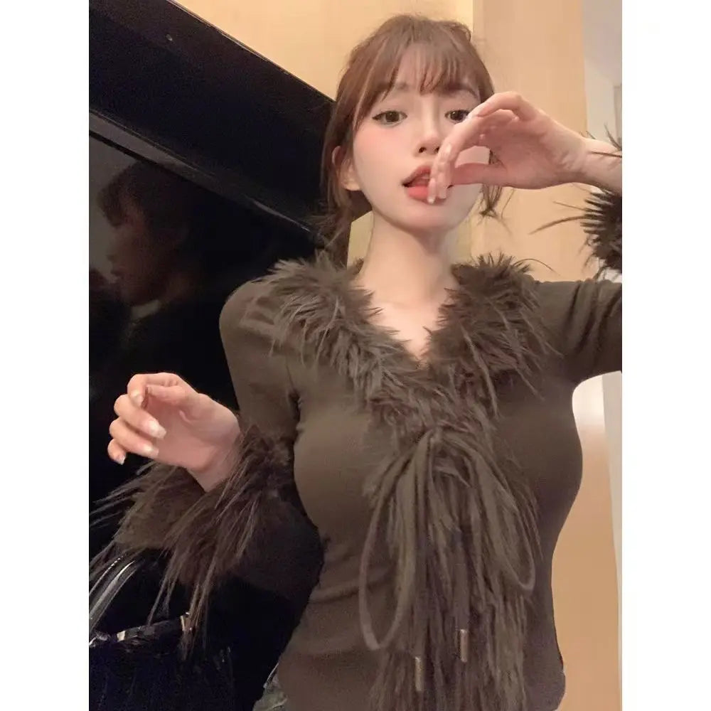 Aiertu  -  Trendy Leopard Print Fur Stitching Long-sleeved European American Slim Fit Versatile T-shirt Autumn and Winter Harajuku Y2k Tops Aiertu