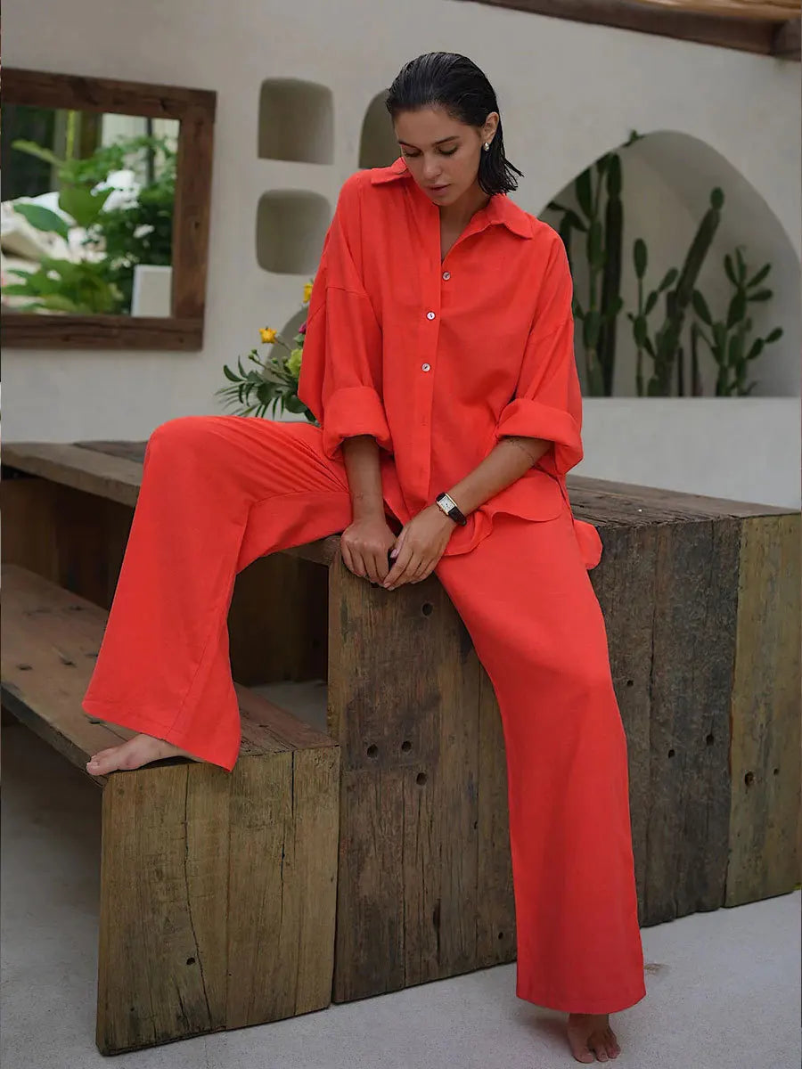Aiertu  -  6-Colours 2pcs Casual Suit Women Clothing Loose Chic Polo Neck Long Sleeve Shirt Pants Suit Ladies Festival Outfit Aiertu