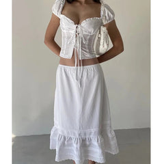 Aiertu  -  Summer Women Sexy Low Waist Lace Spliced A-line Midi Cotton White Skirt Holiday New 2025 Aiertu