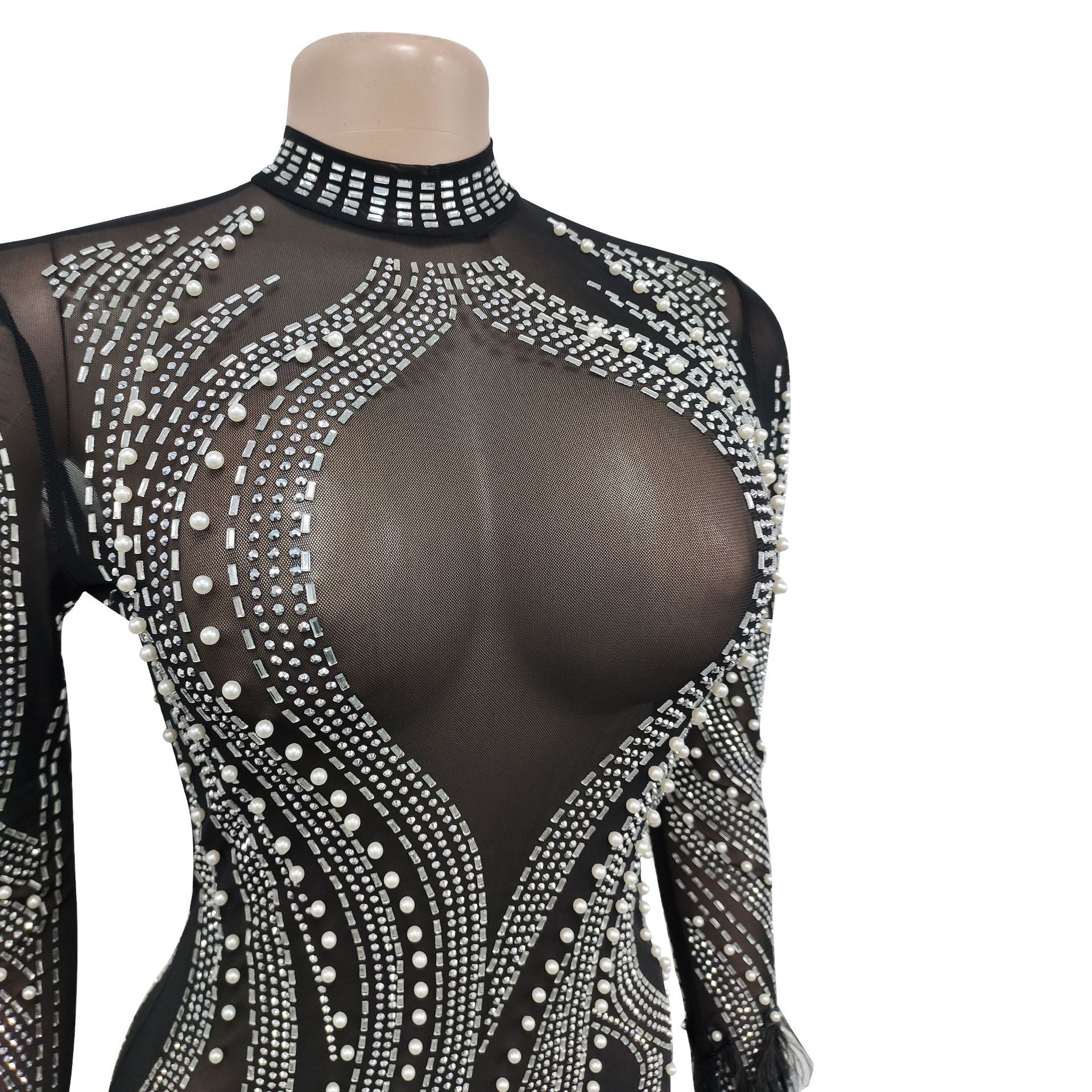 Aiertu  Woman Fashion Sexy Mesh See-through Long Sleeve Feathers Rhinestones Bodycon Party Dresses 2025  Package Hip Mini Nightclub Dress Aiertu