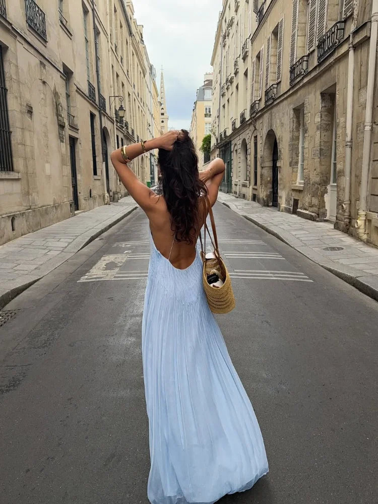 Aiertu  -  Women Feminine Blue Sling Dress Floor-length Loose Backless Deep V Spaghetti Strap Halter Robe Chic Vacation Leisure Street Gown Aiertu