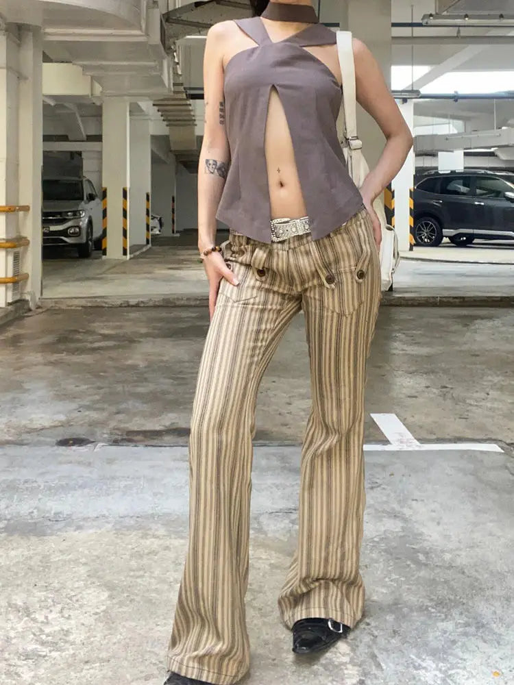 Aiertu  -  Vintage Harajuku Sheath High Waist Flared Jeans Female Hight Street Retro Y2K Pants Women's Striped Slim 2000s Denim Trouser Aiertu