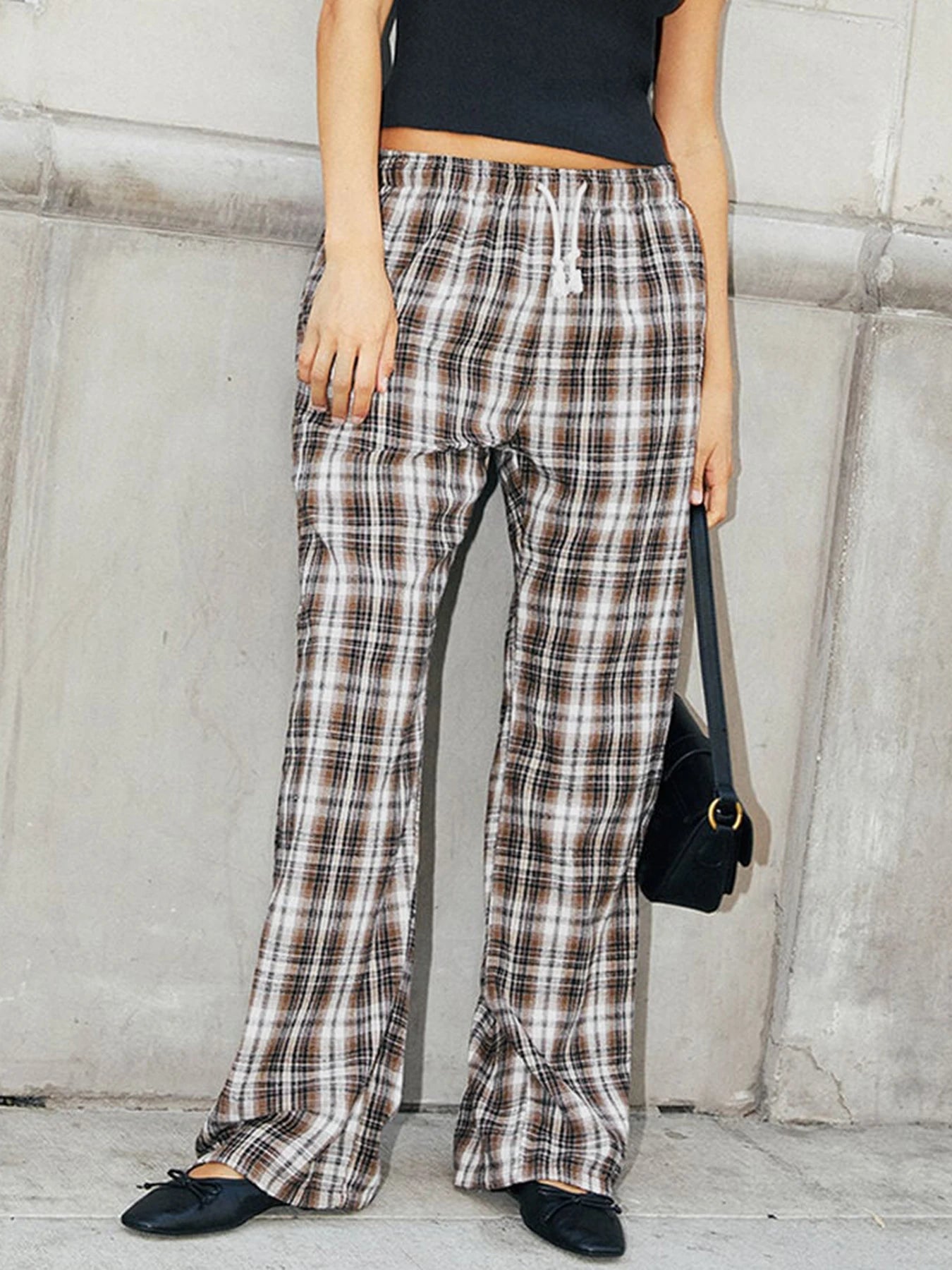 Aiertu  Streetwear Drawstring Plaid Pants Elastic Waisted Fashion Casual Sweatpants Harajuku Aesthetic Y2K Straight Pants Aiertu