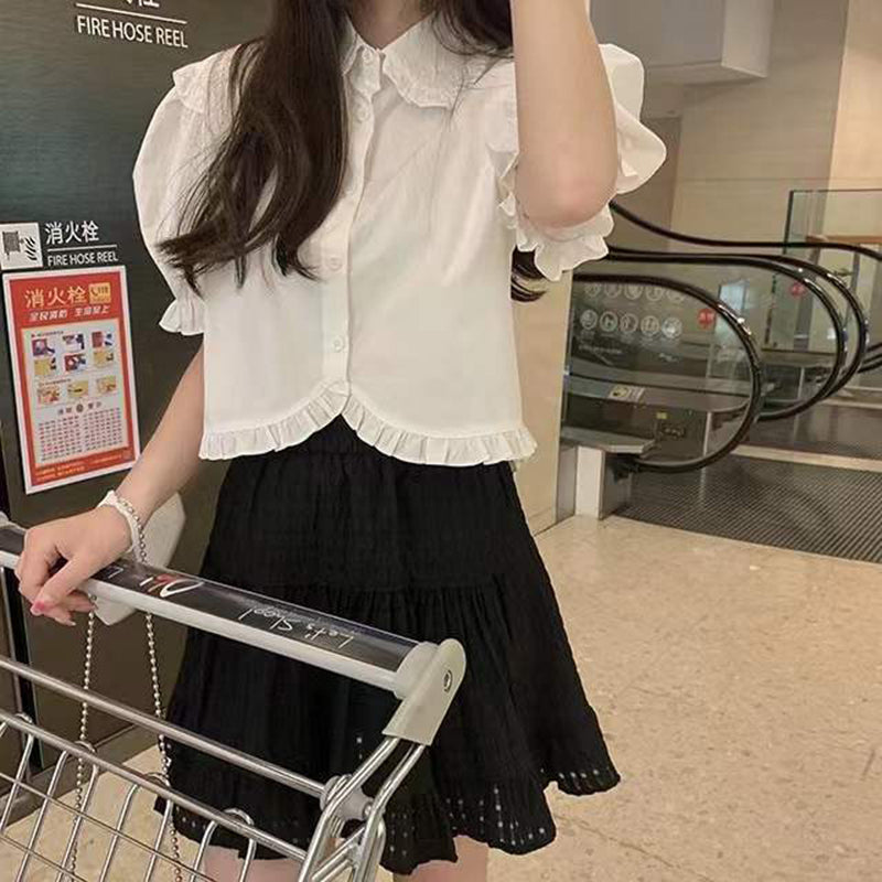 Aiertu Sweet Cute White Shirt Women Pink Ruffles Puff Sleeve Blouse Student Summer Kawaii Preppy Japanese Loose Casual Crop Tops Aiertu