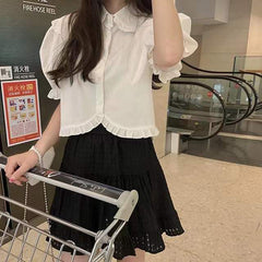 Aiertu Sweet Cute White Shirt Women Pink Ruffles Puff Sleeve Blouse Student Summer Kawaii Preppy Japanese Loose Casual Crop Tops Aiertu