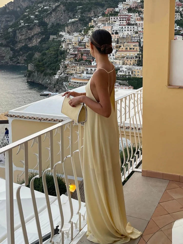 Aiertu  -  Ladies Feminine Buff Dress Loose Backless Round Neck Spaghetti Strap Drop Waist Long Robe Vacation Formal Ceremony Party Gown Aiertu