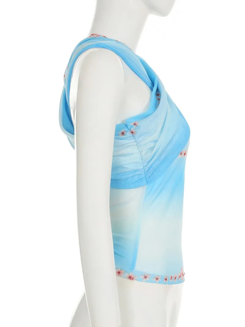 Aiertu  -  Two Piece Outfits Woman Tie Dye Floral Print Mesh Asymmetrical Skirt and Top Matching Sets Y2k Summer P67-EI28 Aiertu