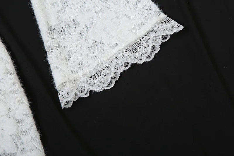 Aiertu  -  Lace Deep V-Neck Embroidery Ruffles Dress Women Sexy Slits See Through Solid Tassel Petal Cuffs Street Elegance Vestidos Aiertu