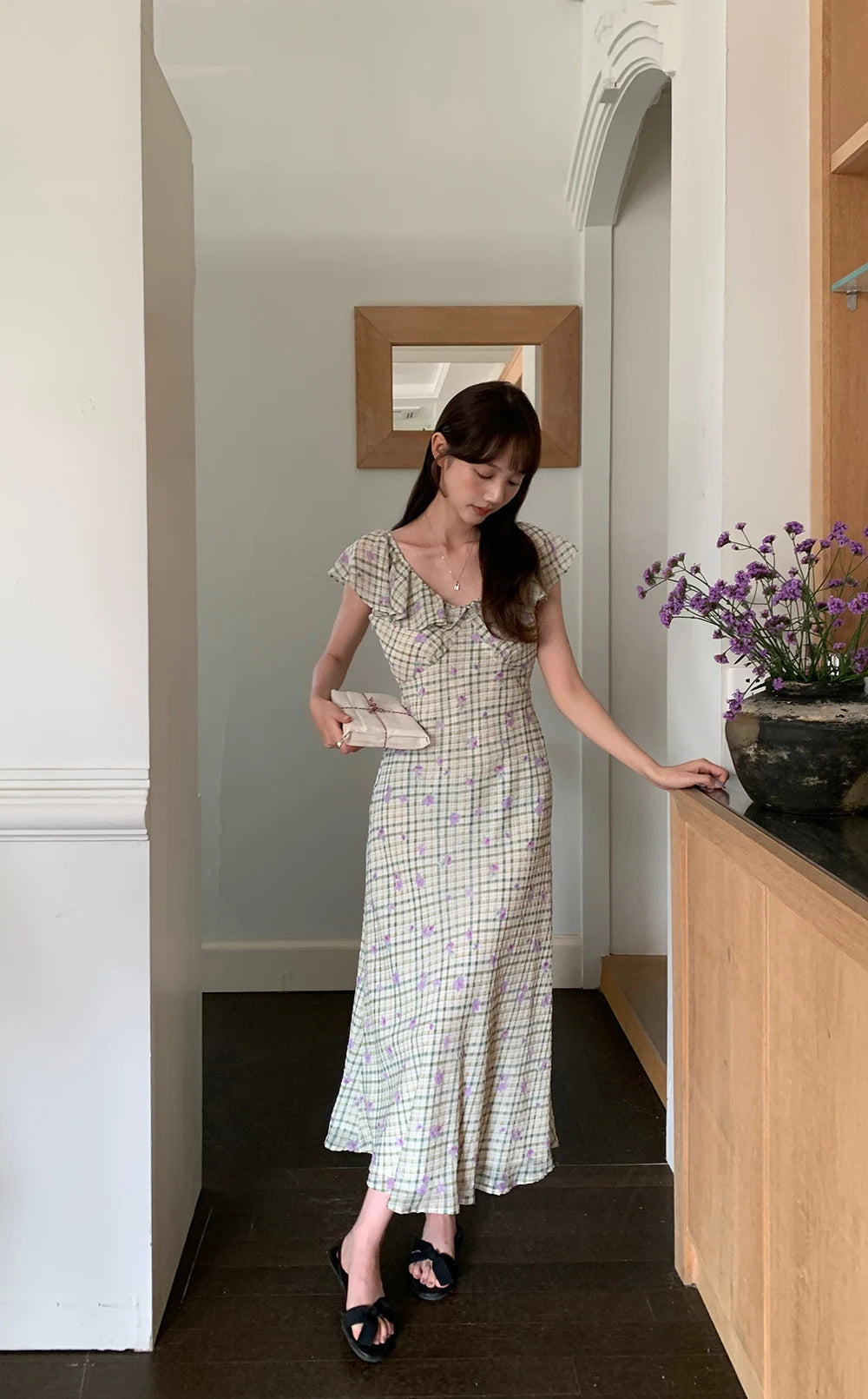 Aiertu  Sweet Long Floral Plaid Summer Chiffon Dress Women Sashes Flying Sleeve A-line Midi Sundress Female Woman Clothes 2025 Aiertu