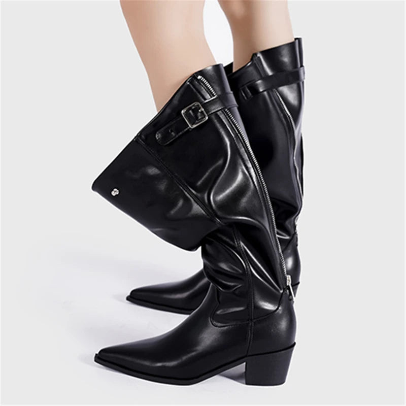 Aiertu  -  Designer Pointed Toe Western Cowboy Boots Women Chunky Heel Retro Belt Buckle Knight Boots Fashion Mujer Luxury Long Botas New Aiertu