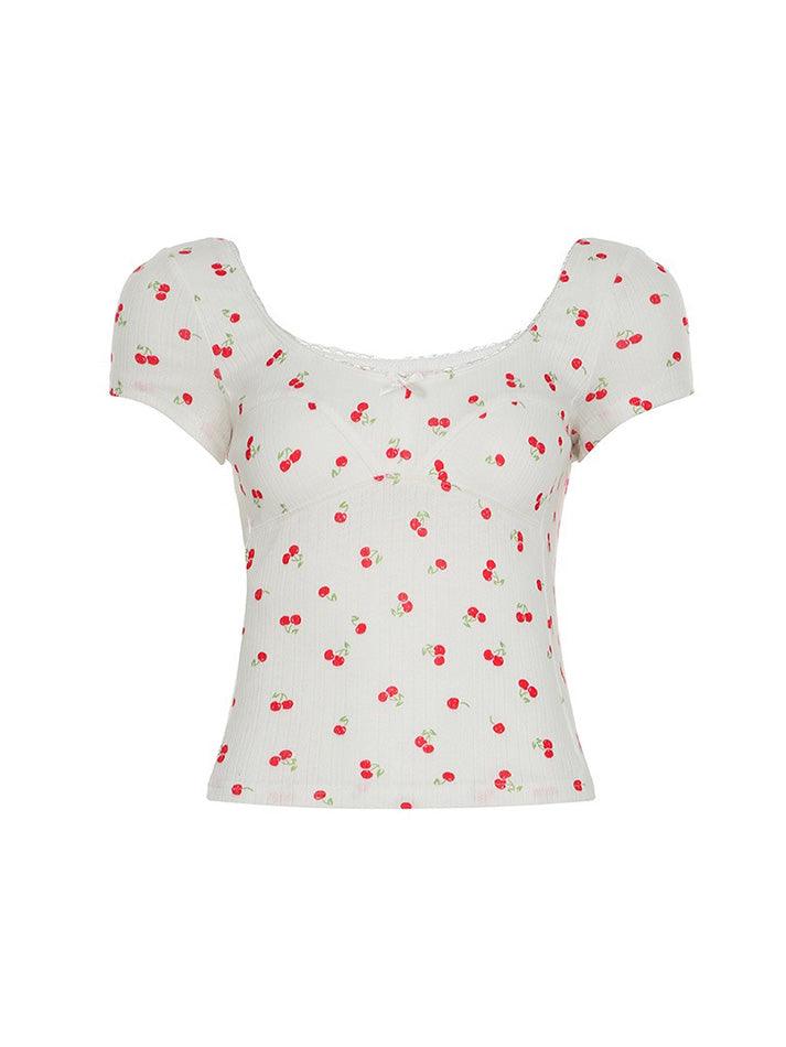 Aiertu  -  Cherry Print Bow U-Neck Crop Top Aiertu