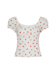 Aiertu  -  Cherry Print Bow U-Neck Crop Top Aiertu