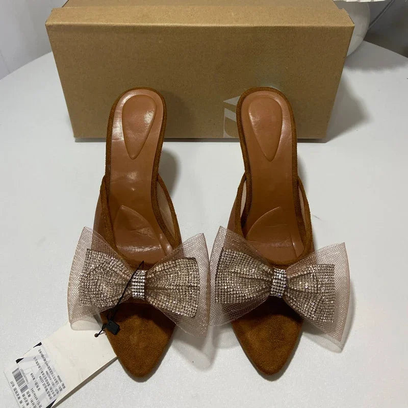Aiertu  -  Summer Pointed Shoes Woman Open Toe High Heels Shallow Diamond Shining Butterfly-Knot Slingbacks Mesh Ladies Mules Sandals Aiertu