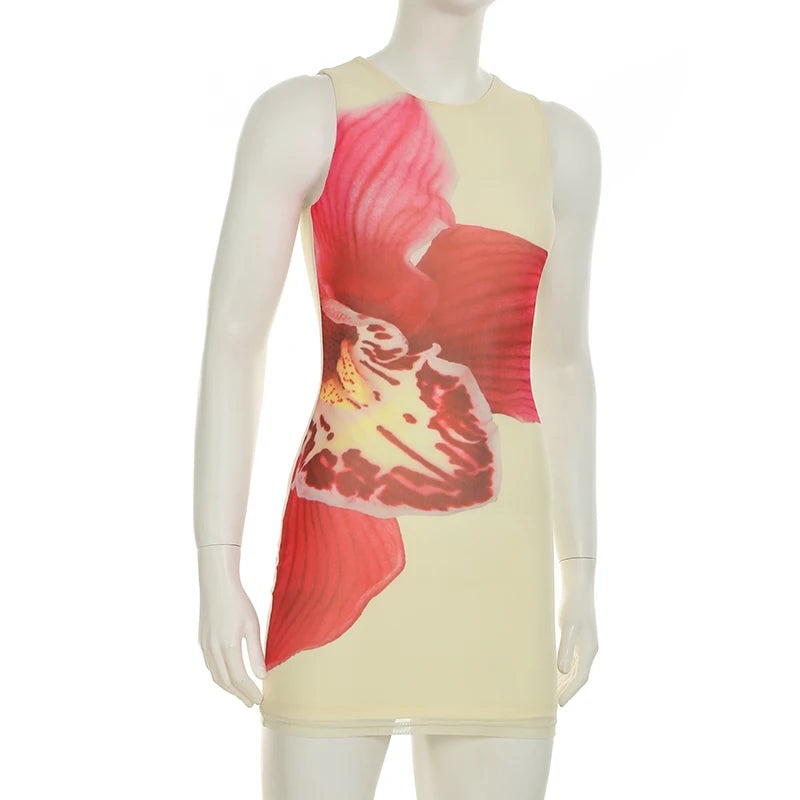 Aiertu  Holiday Floral Bodycon Dress Beach Style Sexy Slim O-Neck Sleeveless Mini Dresses For Women 2025 Summer Fashion Lady Aiertu