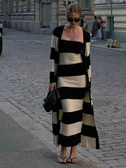 Aiertu  -  Knitted Striped Tube Tops Long Dress Long Jacket Women Set Backless Robe Long Sleeved Single Breasted Jacket Spring Summer Suit Aiertu
