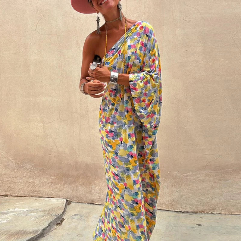 Aiertu  -  Summer Sexy Diagonal Collar Loose Party Dress Women Fashion Pattern Print Holiday Long Dress Casual Flared Sleeves Maxi Dresses Aiertu