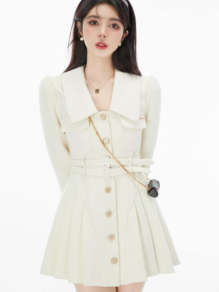 Aiertu  France Vintage Party Mini Dresses Women Korean Style Elegant Pleated Dress Female Warm Sweet Retro Dress Coat Autumn Winter Aiertu