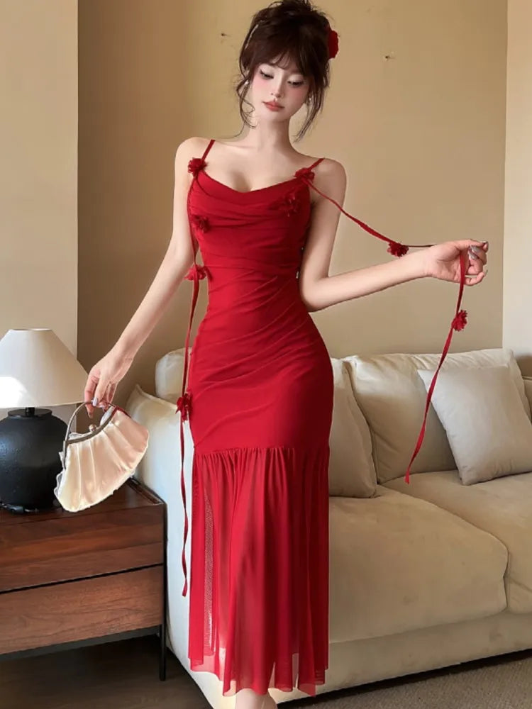 Aiertu  -  Sexy Spaghetti Strap Womens Dresses French Elegant Swinging Collar Birthday Party Midi Dress Female Slim Waist Vestidos Mujer Aiertu