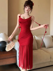 Aiertu  -  Sexy Spaghetti Strap Womens Dresses French Elegant Swinging Collar Birthday Party Midi Dress Female Slim Waist Vestidos Mujer Aiertu
