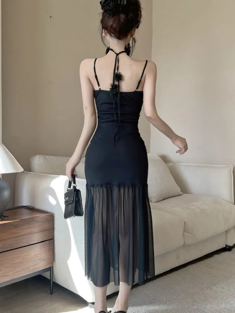 Aiertu  -  Sexy Spaghetti Strap Womens Dresses French Elegant Swinging Collar Birthday Party Midi Dress Female Slim Waist Vestidos Mujer Aiertu