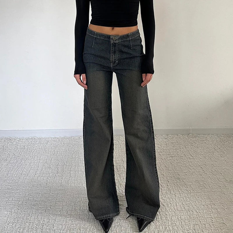Aiertu  -  American Retro Baggy Jeans Women Fall High Street Casual Denim Pants Y2K Fashion Mid-rise Straight Trousers Outfits Aiertu