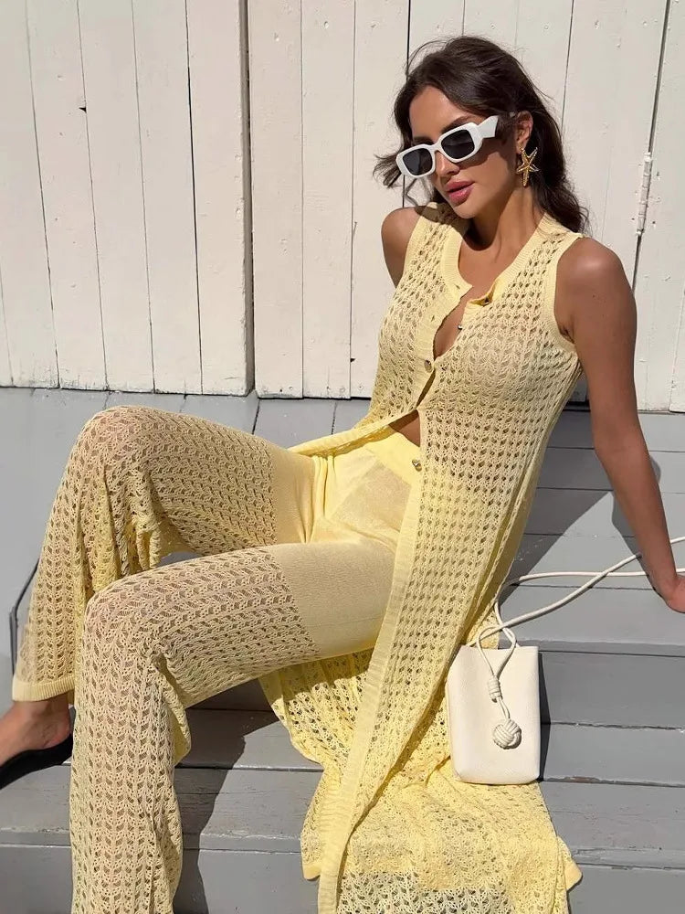 Aiertu  -  Knit Vest Cardigan Beach Dress Long Pants 2 Pieces Sets For Women Hollow Out Sexy See Through Cardigan Long Pants Sets Aiertu