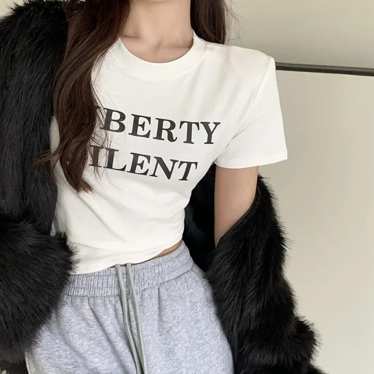 Aiertu  -  Short Sleeved T-shirt Women's Short Base Shirt 2026 Spring and Summer Slimming Slim Fit Letter White Student Top Female Clothes Aiertu