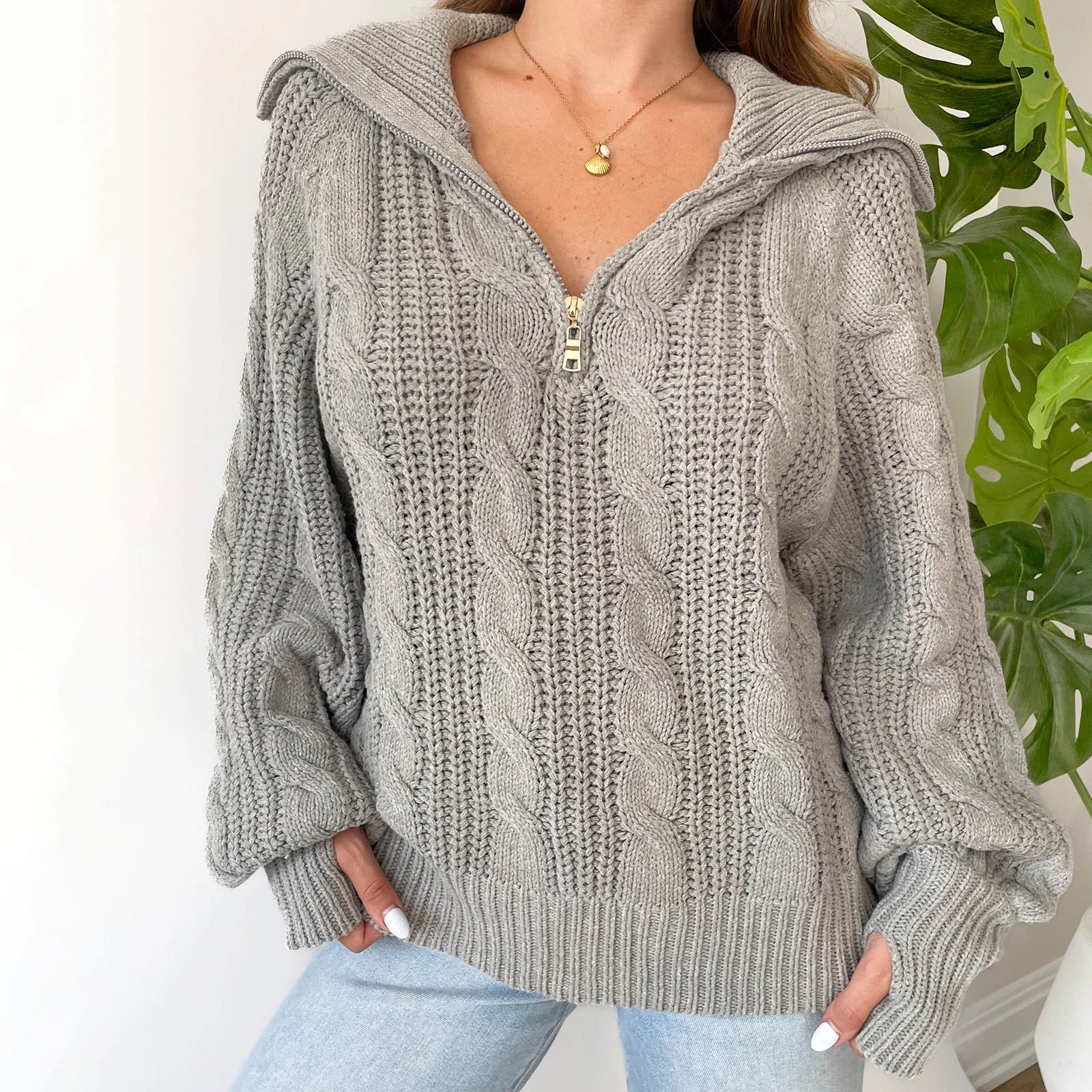 Aiertu  -  Women Cable Knit Chunky Sweater Comfy Long Sleeve Quarter Zip Knitted Pullover Fall Winter Trendy Half Zip Knitwea Aiertu