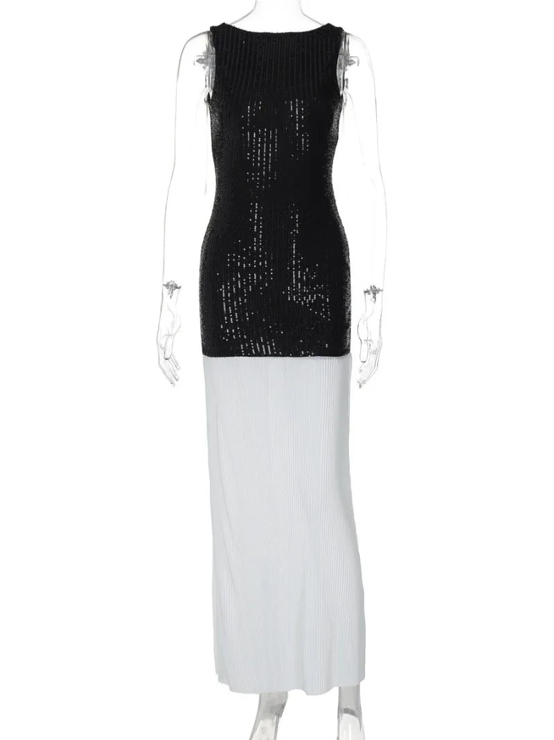 Aiertu  -  2026 Autumn New in Backless Sequins Patchwork Long Party Dress Women's Sexy O-neck Sleeveless Bodycon Tank Dresses Streetwear Aiertu