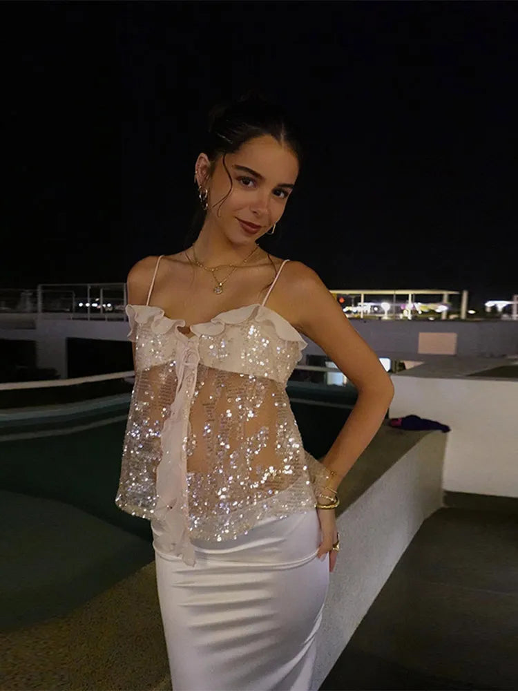 Aiertu  -  Fashion Sequin See-through Top Women Sling Sleeveless Backless Ruffle Ribbon Tops Female 2025 Spring Summer Chic Solid Lady Tank Aiertu