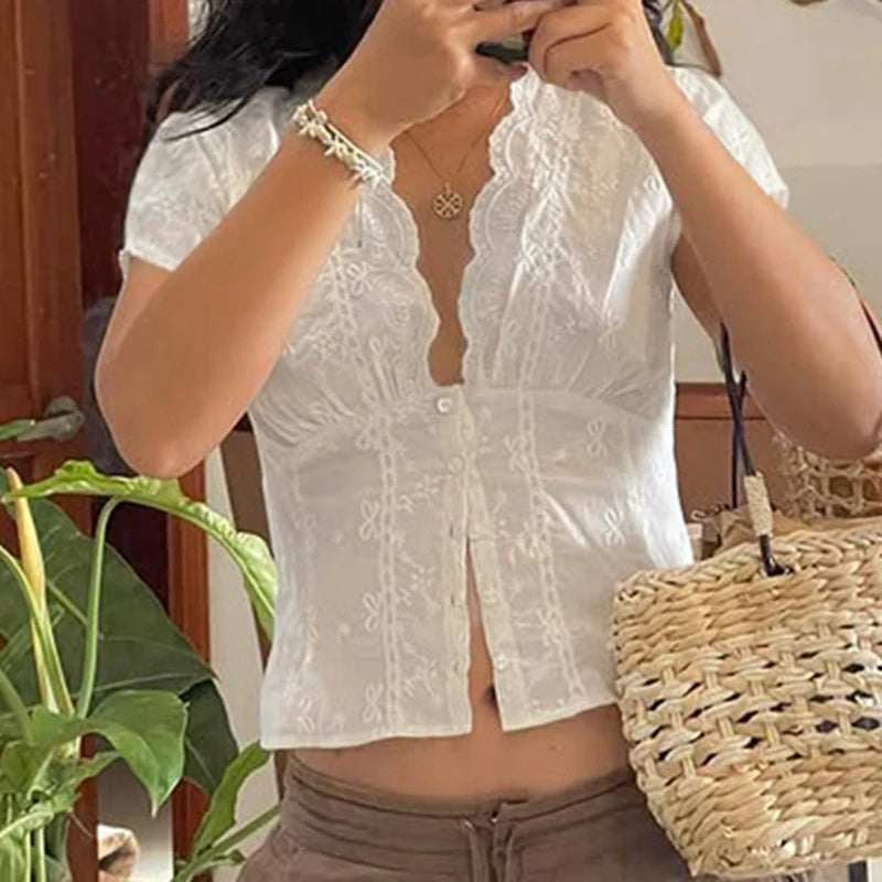 Aiertu  -  Y2K Bow Textured Waist Cinching Shirts Women Summer Puff Sleeve V-Neck Cardigan Tops Cutecore Button-Fly Girls Blouse Aiertu