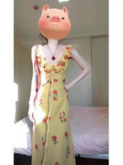 Aiertu  -  Korean Style V-neck Floral Dress for Women's Spring Summer Ruffled Edges Sleeveless Mermaid Dress Fashion Female Clothes Aiertu