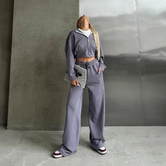 Aiertu  -  Casual Solid Hoodies Pants Set Women Long Sleeve Zipper Short Sweatshirt Loose Drawstring Trouser 2026 Autumn New Lady Tracksuit Aiertu