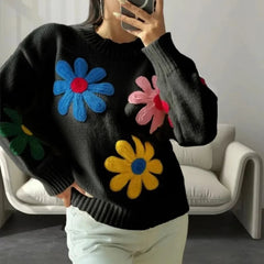Aiertu  -  Crochet Flower Pullover Knitted Sweater Women's Fashion Loose Lantern Long Sleeve Embroidery Knit Top Streetwear Fashion Aiertu