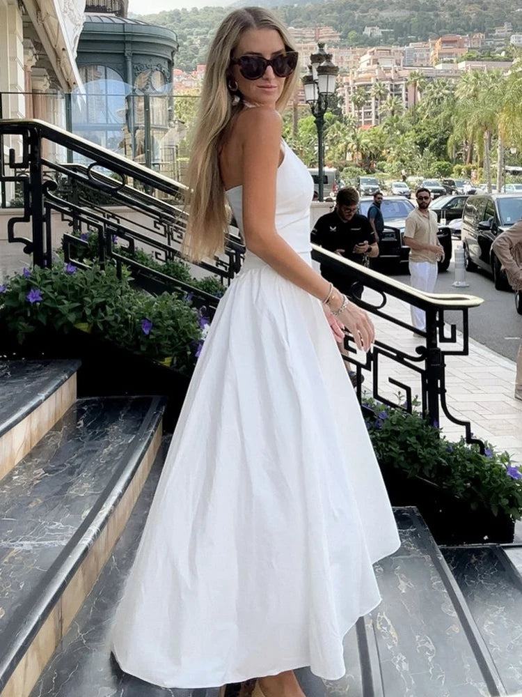 Aiertu  -  Patchwork V Neck Dresses Women Autumn Fashion Sleeveless Halterneck White Dress Street Backless Casual Party Dress Aiertu